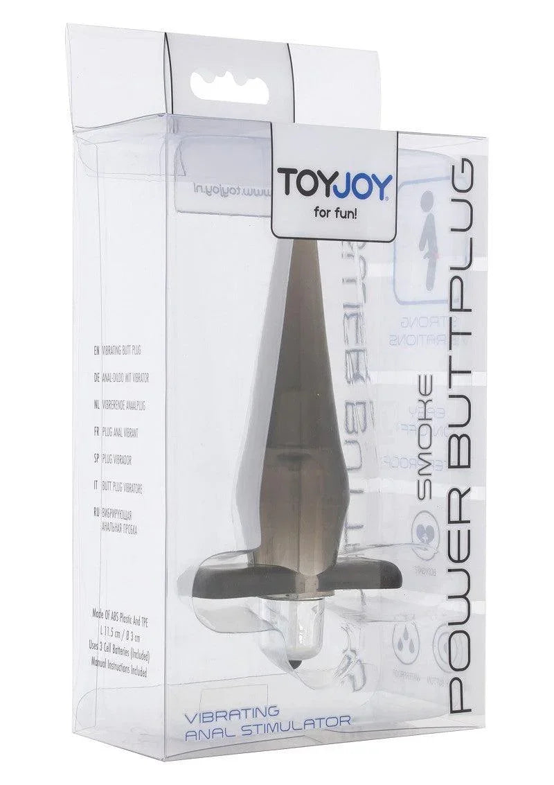 ToyJoy Power Butt Plug vibrating anal stimulator in clear retail packaging with smoke color