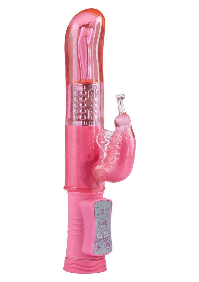pink rabbit vibrator with rotating beads and butterfly clitoral stimulator, sex toy with control buttons