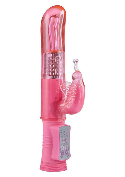 pink rabbit vibrator with rotating beads and butterfly clitoral stimulator, sex toy with control buttons