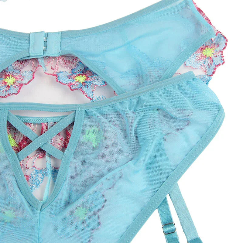 SUBBLIME - 954116 BRA + PANTIES WITH GARTER BELT FLORAL DESIGN BLUE L/XL - Happytoys Sexshop: online sex shop for Feeling Happy & Easy 😊 - Discreet geleverd
