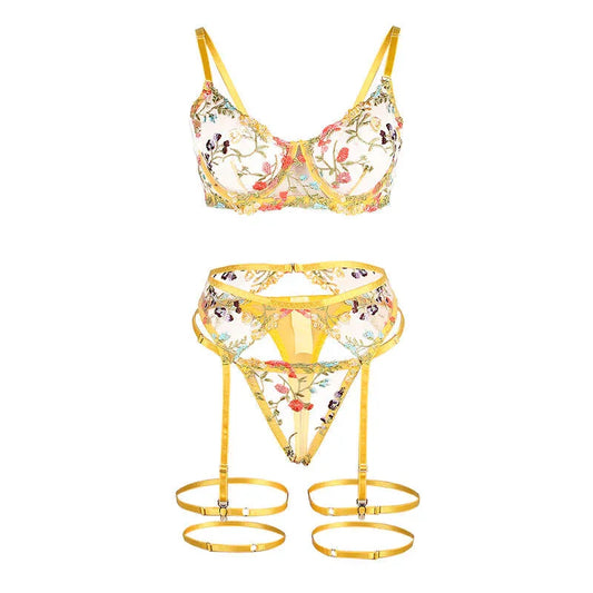 SUBBLIME - 954352 BRA + THONG + GARTER BELT FLORAL DESIGN YELLOW L/XL - Happytoys Sexshop: online sex shop for Feeling Happy & Easy 😊 - Discreet geleverd